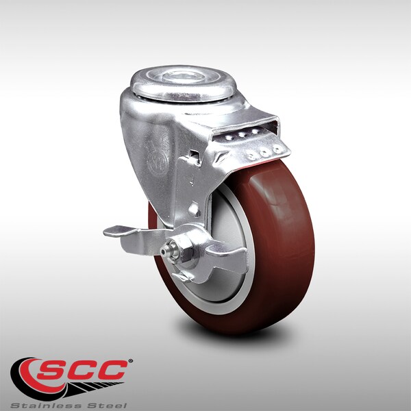 4 Inch SS Maroon Polyurethane Wheel Swivel Bolt Hole Caster with Brake SCC